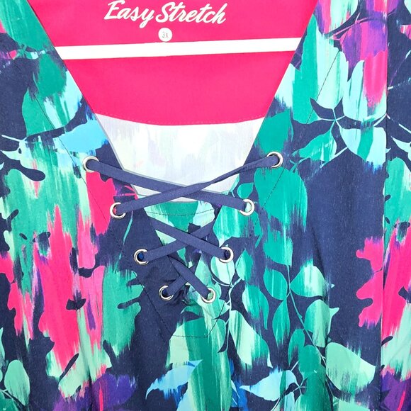 Easy Stretch Scrub Top Green Blue Pink Purple Leaves Size 3X Lace Up Front - Picture 5 of 6